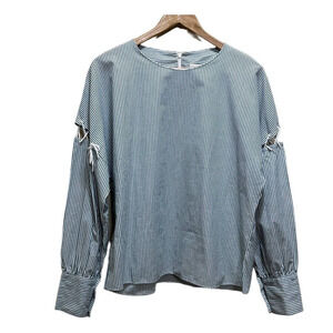 STABLE Green Stripe Blouse M Long Sleeve Top Lace Up Lagenlook Modern Minimalist